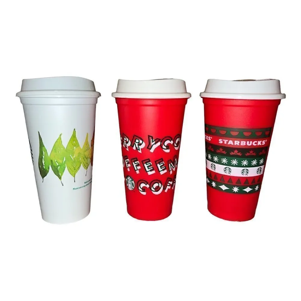 Starbucks Set of Three Plastic Reusable Cups 16 Oz with Lids Christmas Fall 2013